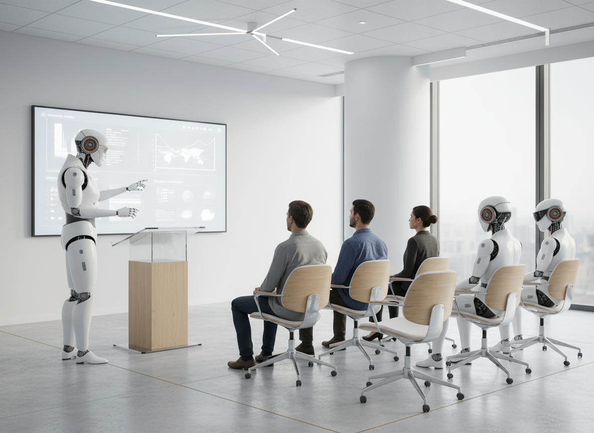 AI employees presenting in a modern training room with business attendees