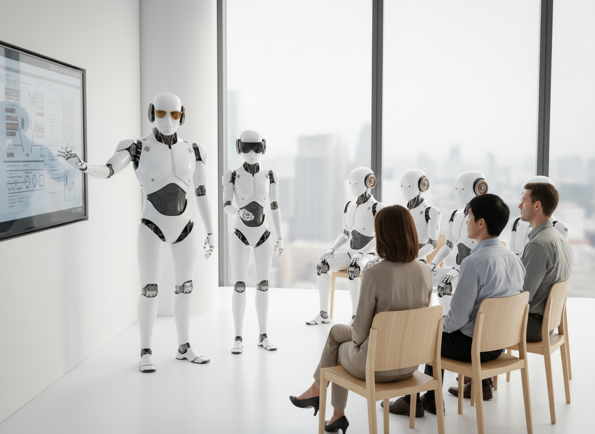 AI employees leading a presentation for a business team in a bright conference room