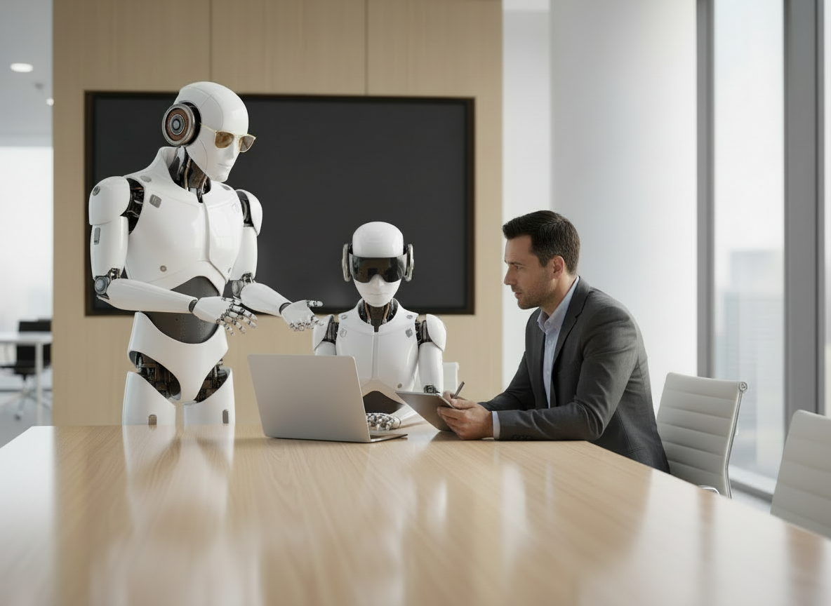 Two AI employees collaborating with a business owner over a laptop at a conference table