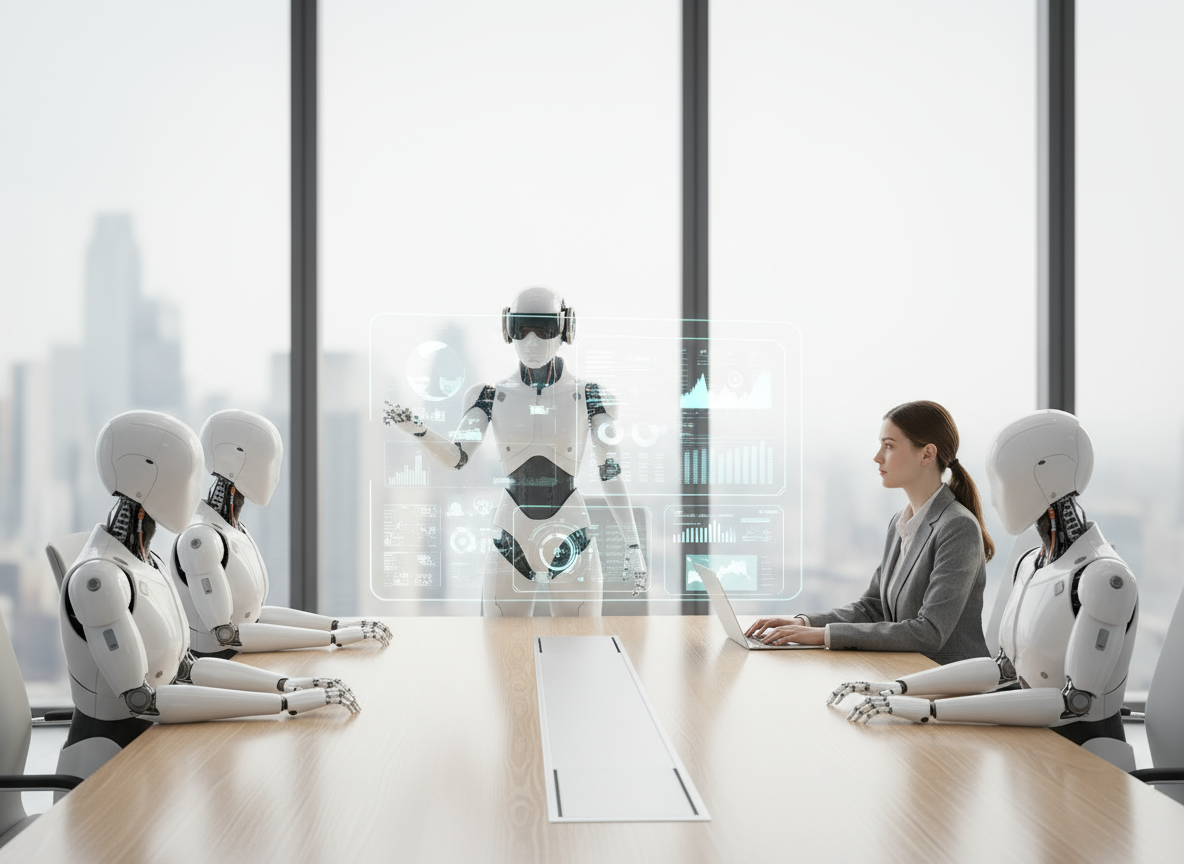 AI employees and a business professional collaborating around a boardroom table with a digital dashboard