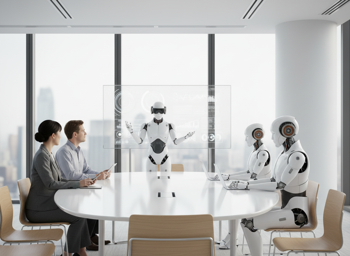 AI employees and business leaders in a roundtable meeting with digital planning tools