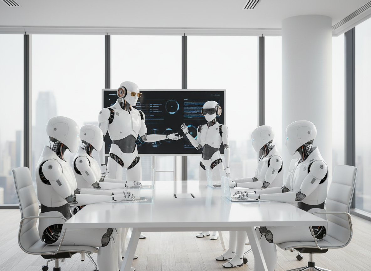 Multiple AI employees gathered in an executive meeting around a conference table